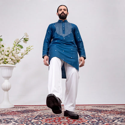 Men's Royal Blue Embroidered Kurta Set