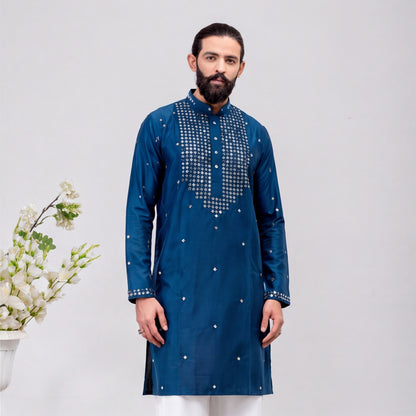 Men's Royal Blue Embroidered Kurta Set