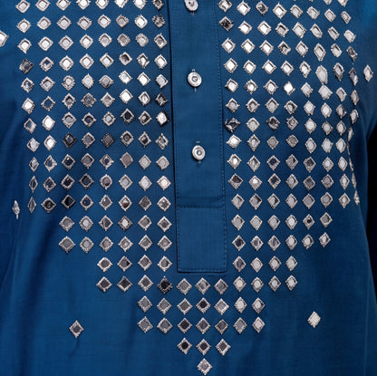 Men's Royal Blue Embroidered Kurta Set
