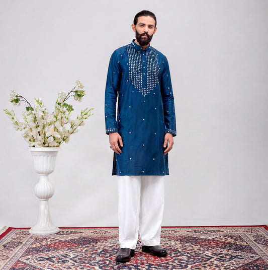 Men's Royal Blue Embroidered Kurta Set