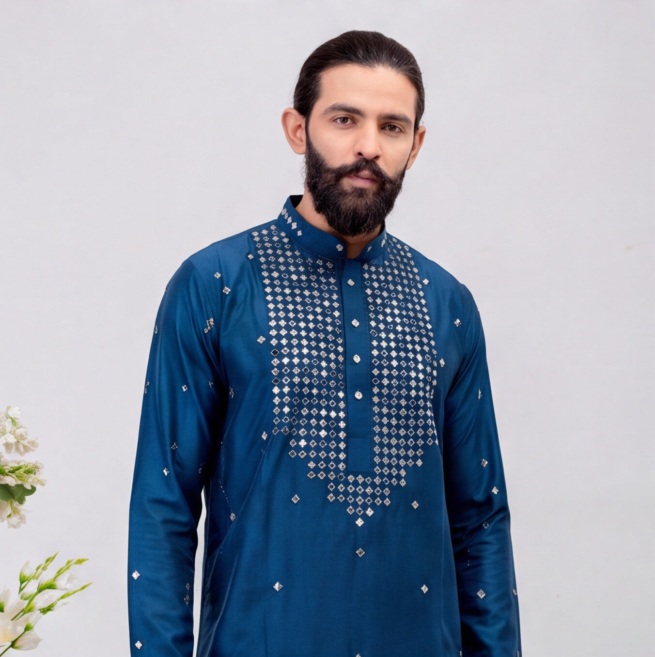 Men's Royal Blue Embroidered Kurta Set