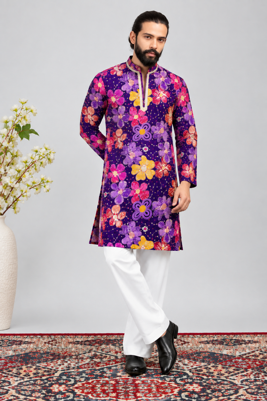 Royal Purple Multicolour Floral Printed Kurta