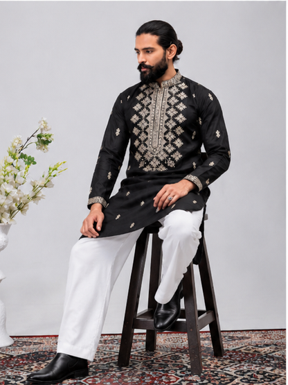 Royal Black Embroidered Kurta