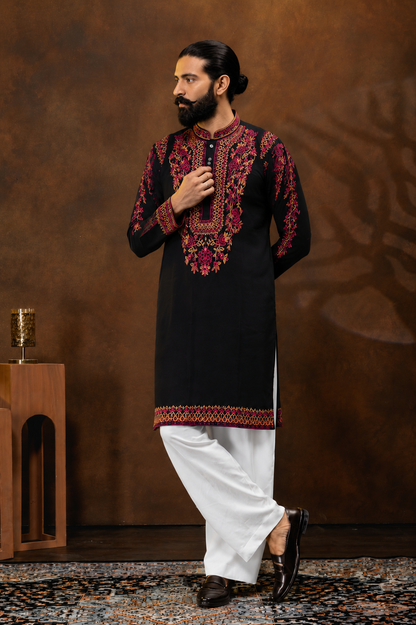 Midnight Black Crimson Floral Embroidered