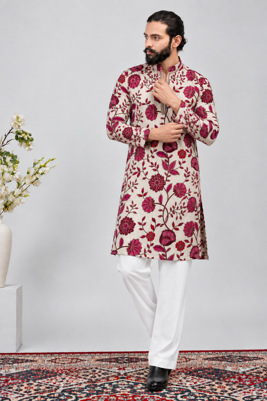 Ivory Ruby Floral Printed Men’s Kurta