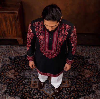 Midnight Black Crimson Floral Embroidered Men’s Kurta Set