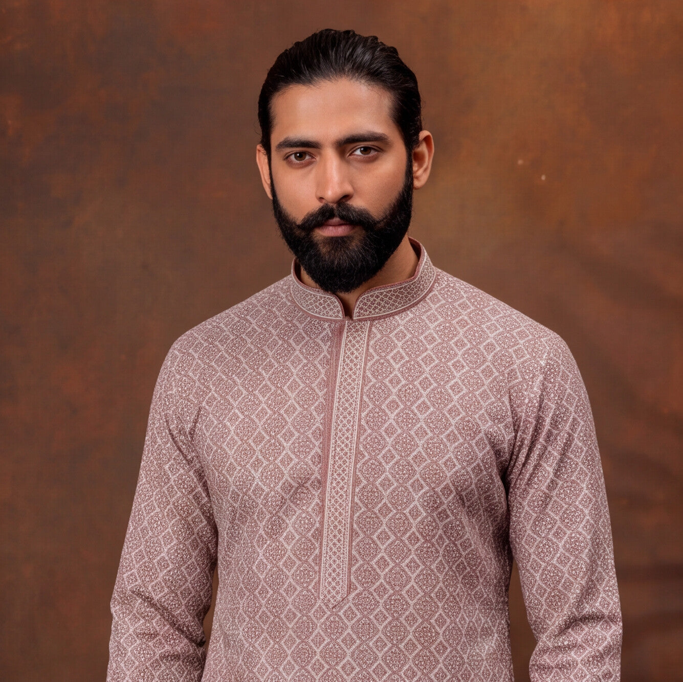 Dusty Rose Geometric Print Men’s Kurta Set