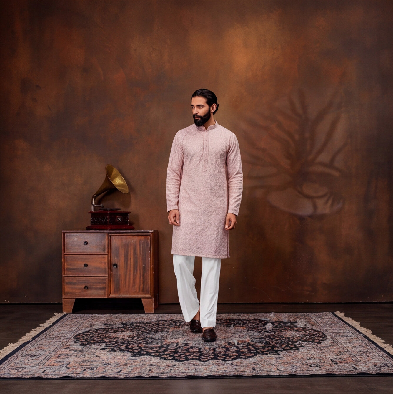 Blush Rose PINK Textured Men’s Kurta Set