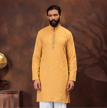 Mustard Gold Geometric Print Men’s Kurta Set