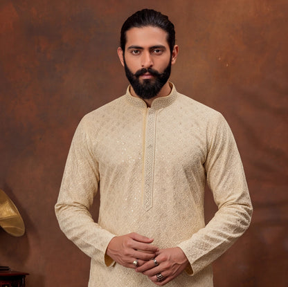 Royal Sand Beige Textured Men’s Kurta Set