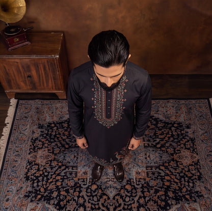 Men’s Black Embroidered Kurta Pant Set