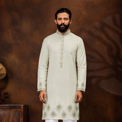 Ivory Sage Mandala Embroidered Men’s Kurta Set