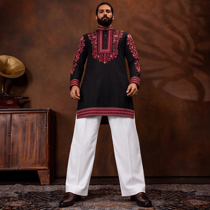 Midnight Black Crimson Floral Embroidered Men’s Kurta Set