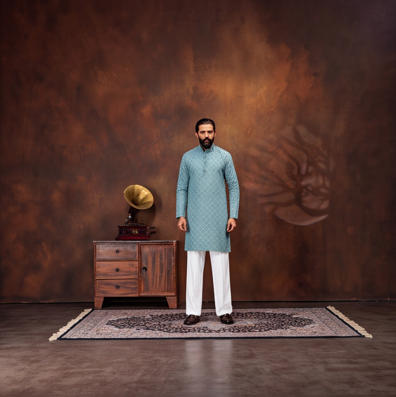 Aqua Blue Diamond Texture Men’s Kurta Set