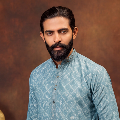 Aqua Blue Diamond Texture Men’s Kurta Set