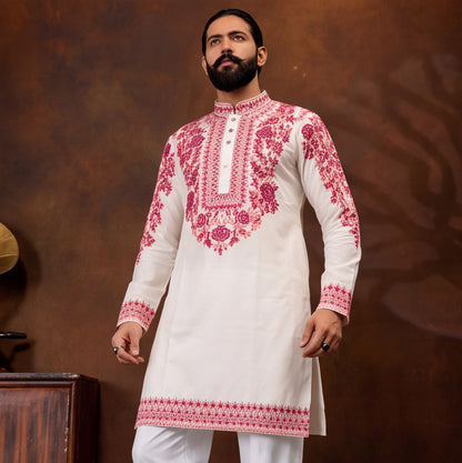 Ivory Crimson Heritage Embroidered Men’s Kurta Set