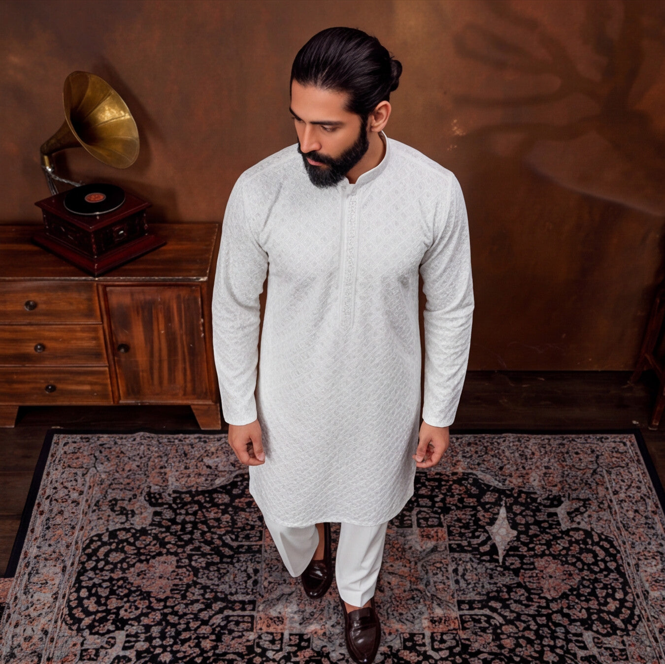 Pearl White Textured Men’s Kurta Set