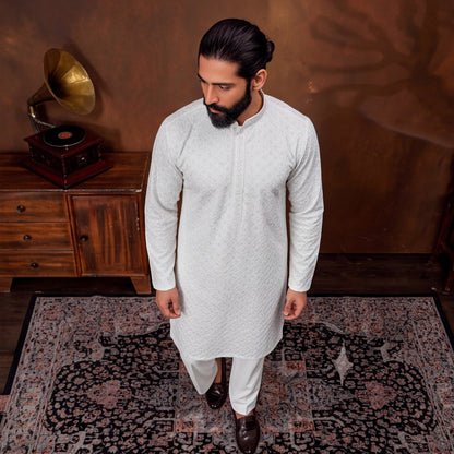 Pearl White Textured Men’s Kurta Set