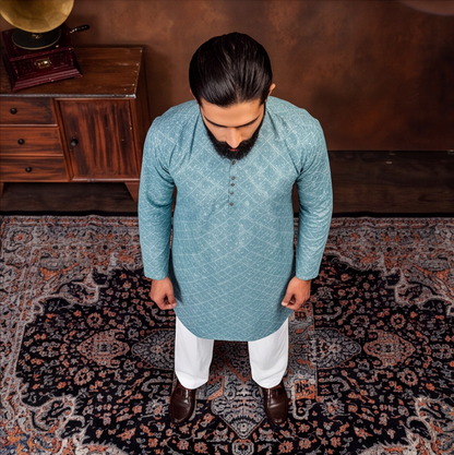 Aqua Blue Diamond Texture Men’s Kurta Set