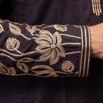 Midnight Black Lotus Embroidered Men’s Kurta Set