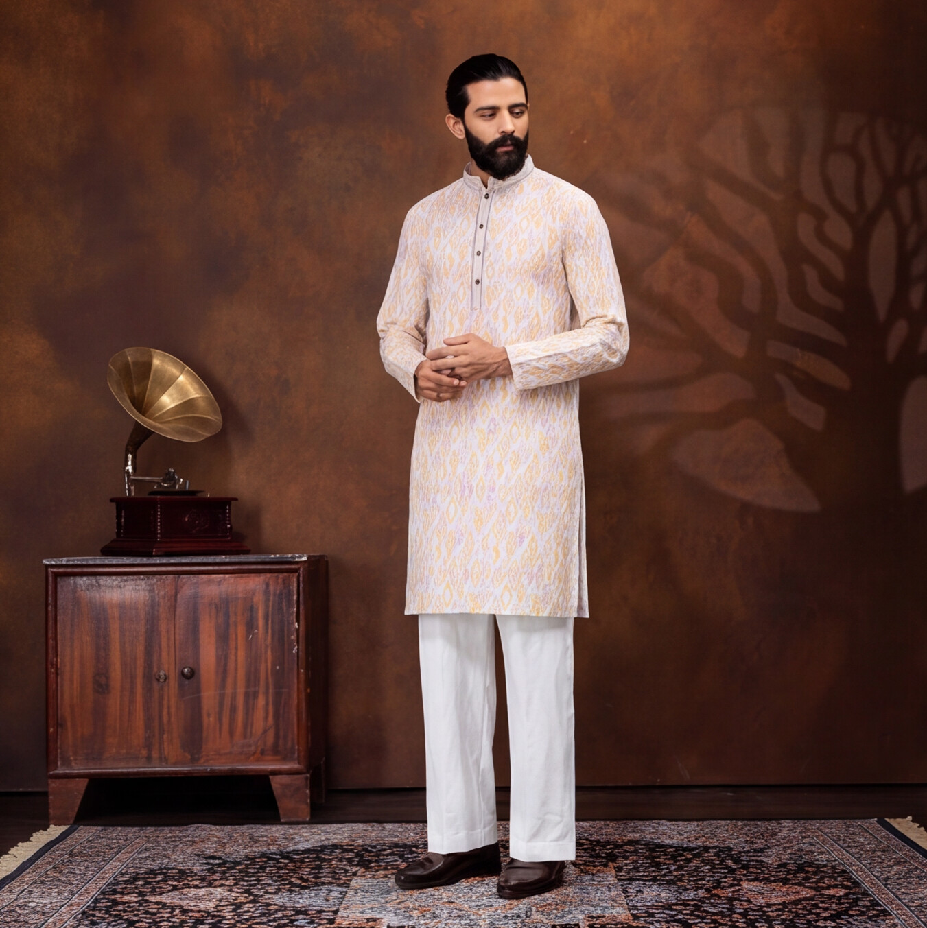 Ivory Saffron Ikat Men’s Kurta Set