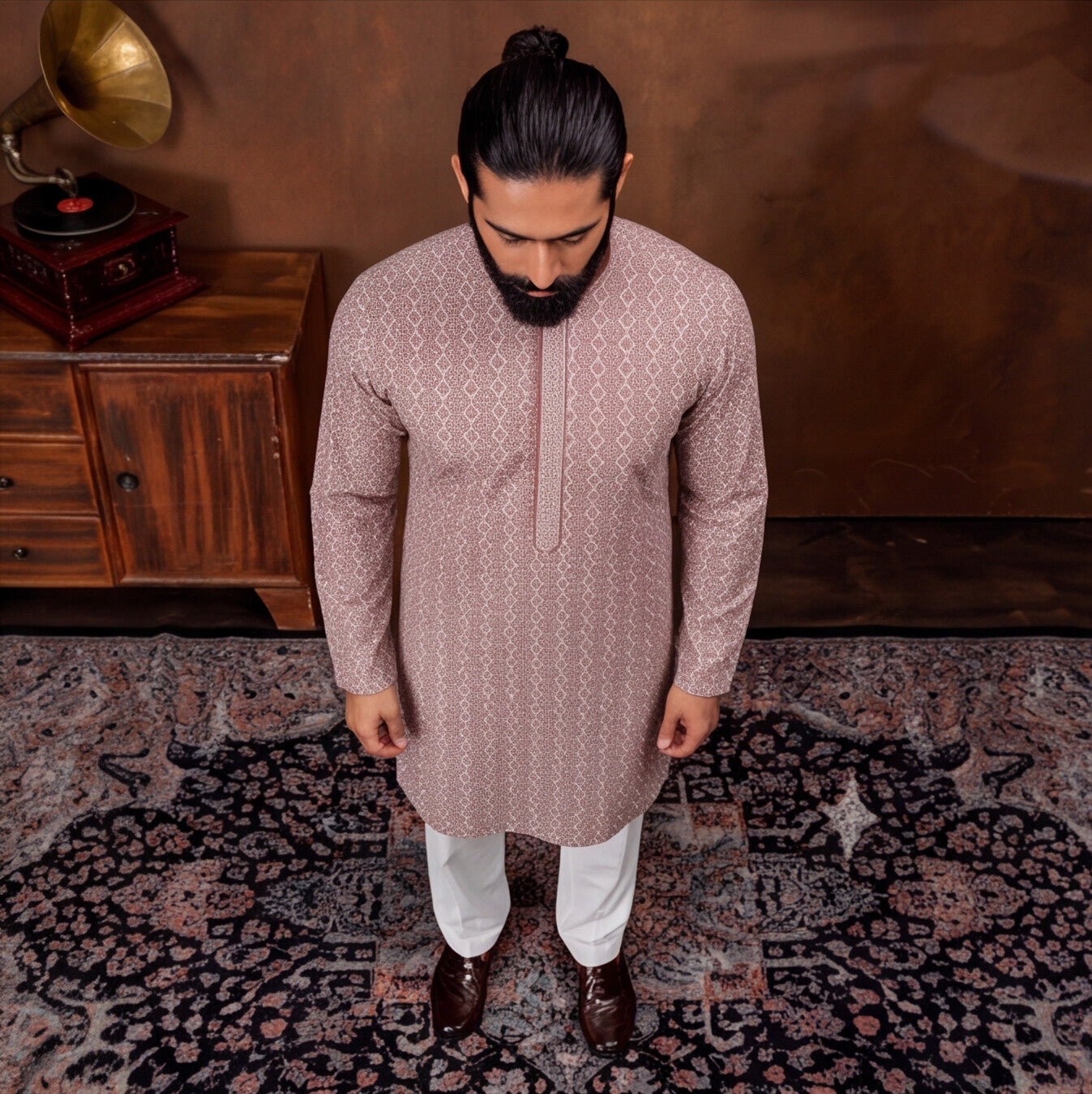 Dusty Rose Geometric Print Men’s Kurta Set
