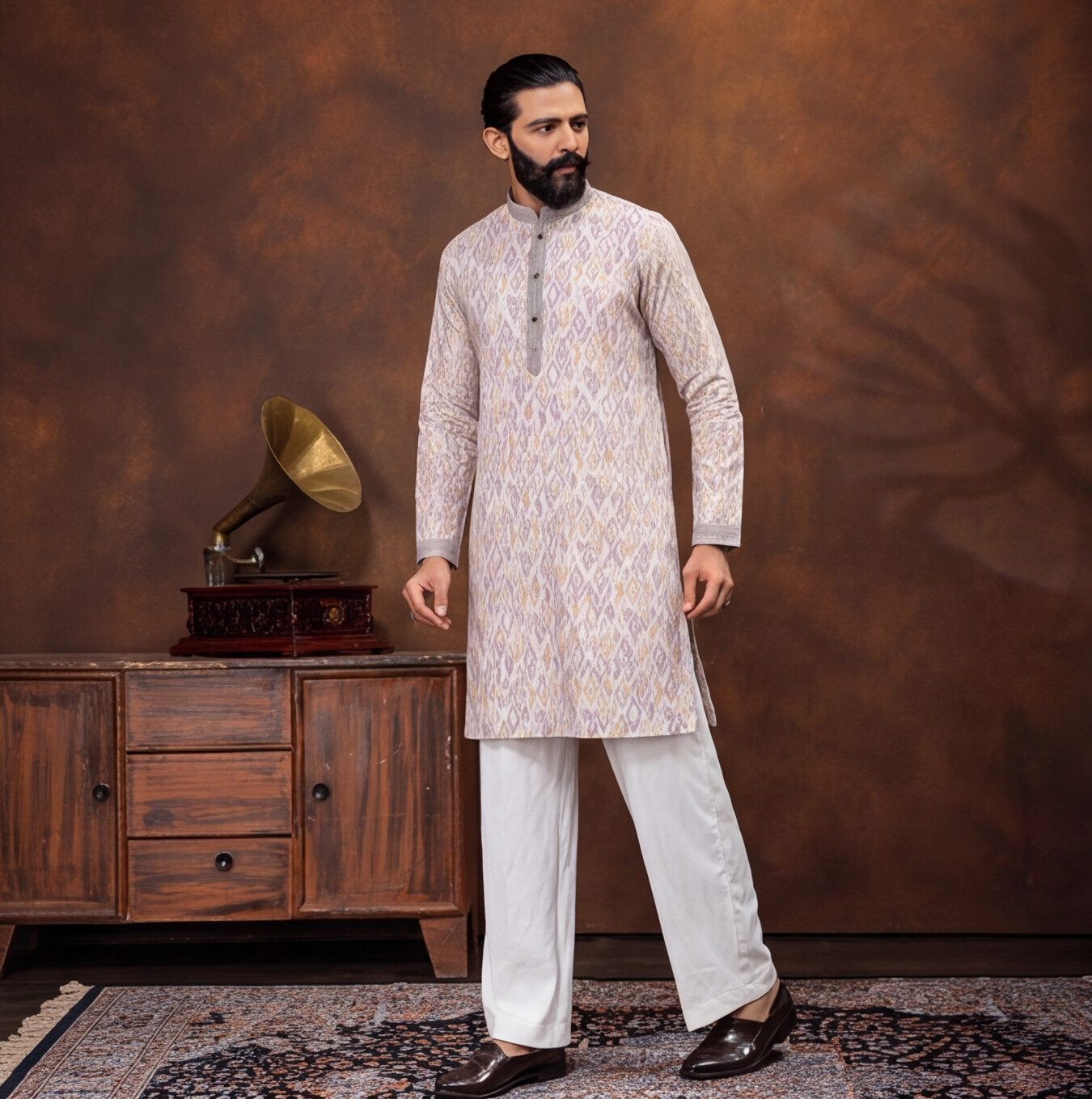 Ivory Lavender Ikat Heritage Men’s Kurta Set