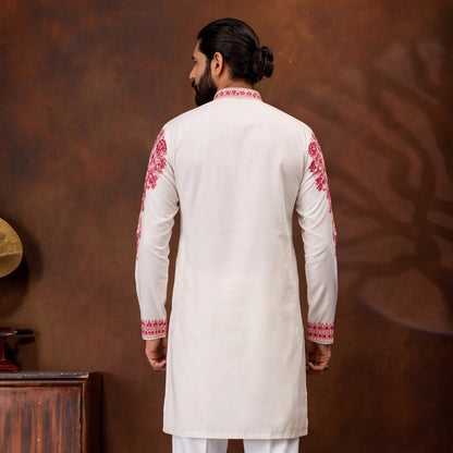 Ivory Crimson Heritage Embroidered Men’s Kurta Set