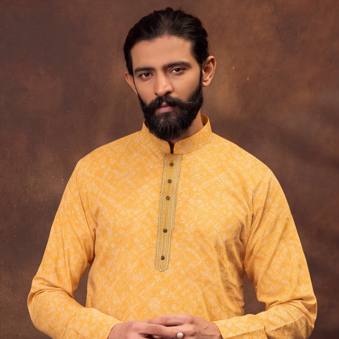 Mustard Gold Geometric Print Men’s Kurta Set