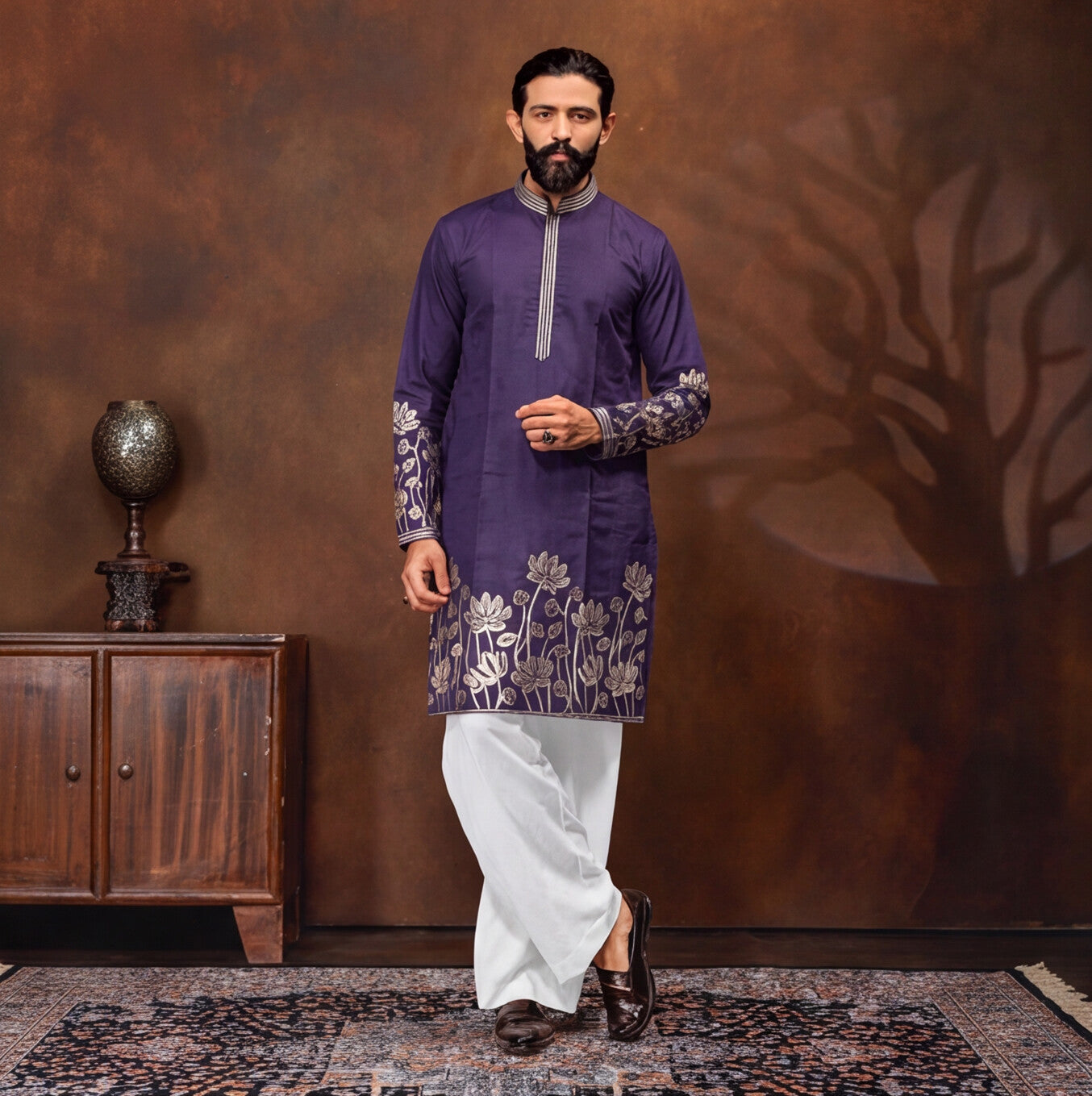 Royal Plum Lotus Embroidered Men’s Kurta Set