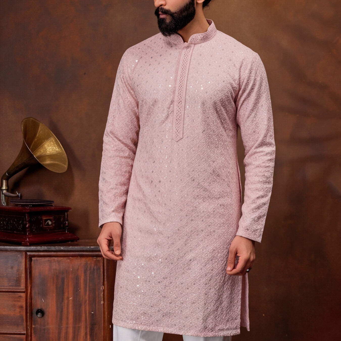 Blush Rose PINK Textured Men’s Kurta Set