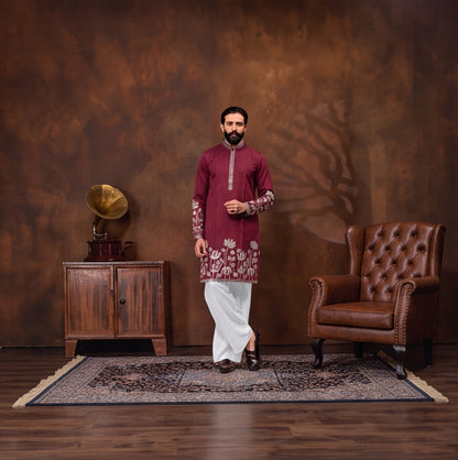 Burgundy Lotus Embroidered Men’s Kurta Set