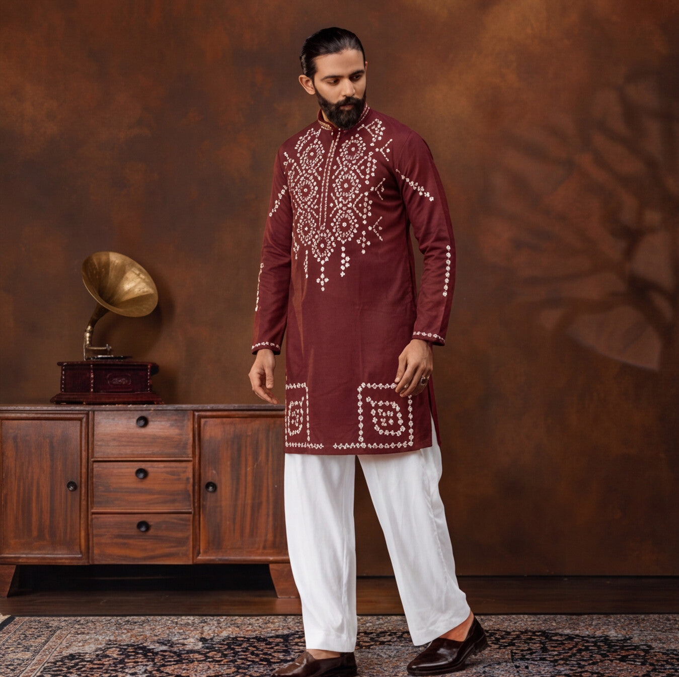 Maroon Heritage Embroidered Kurta Set