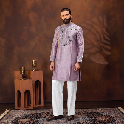 Lavender Royale Mirror Embroidered Men’s Kurta Set