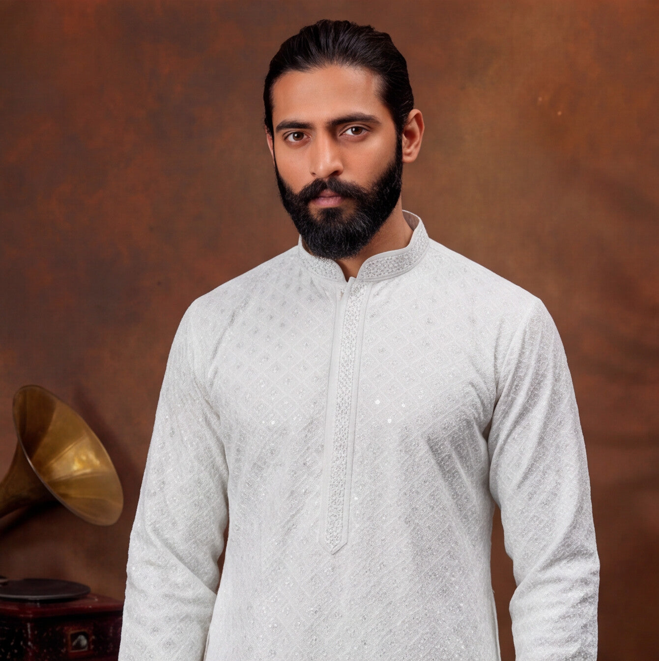 Pearl White Textured Men’s Kurta Set