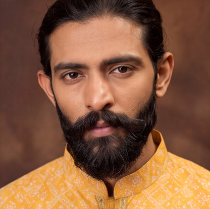 Mustard Gold Geometric Print Men’s Kurta Set