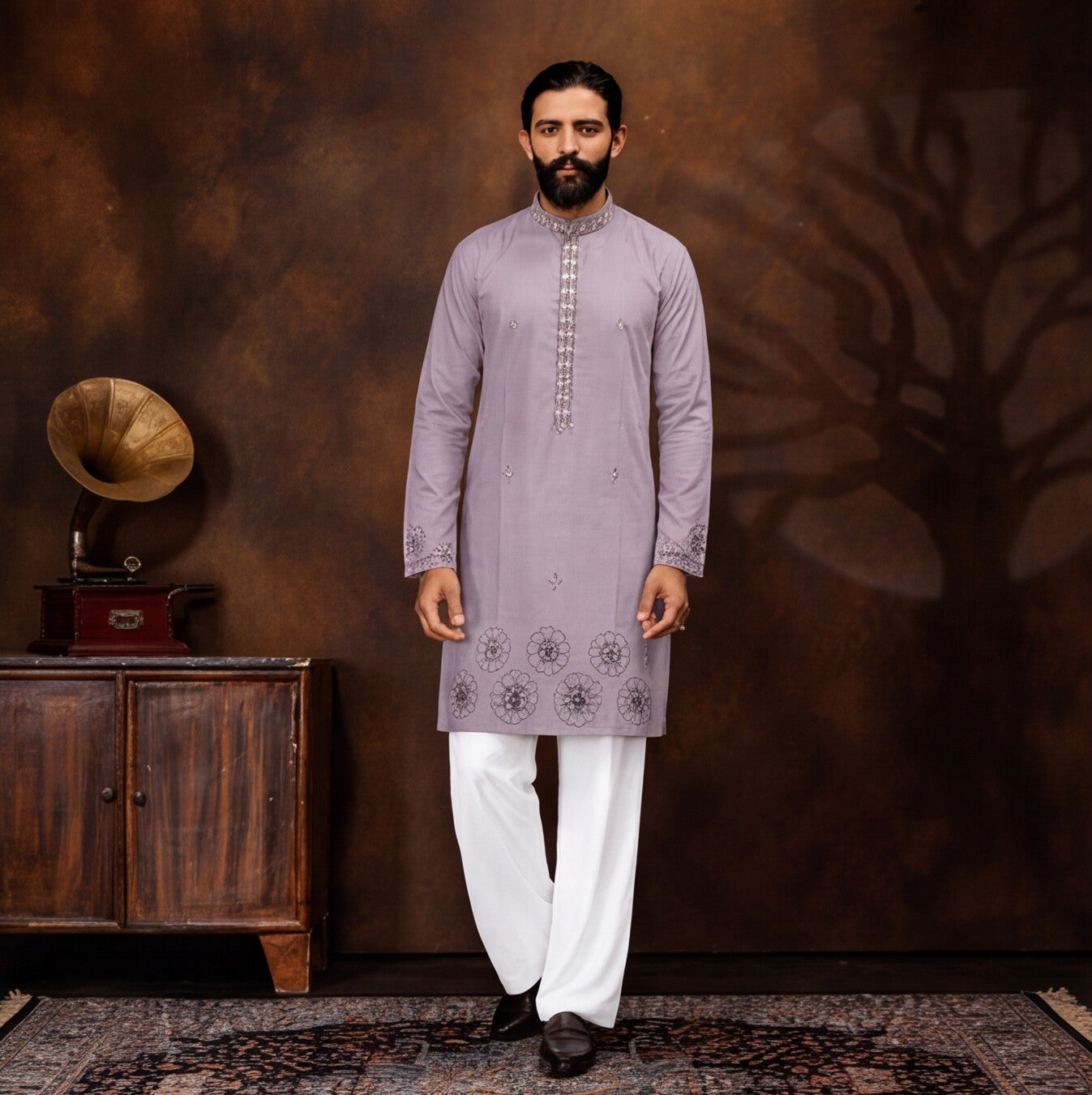 Lavender Bloom Embroidered Men’s Kurta Set