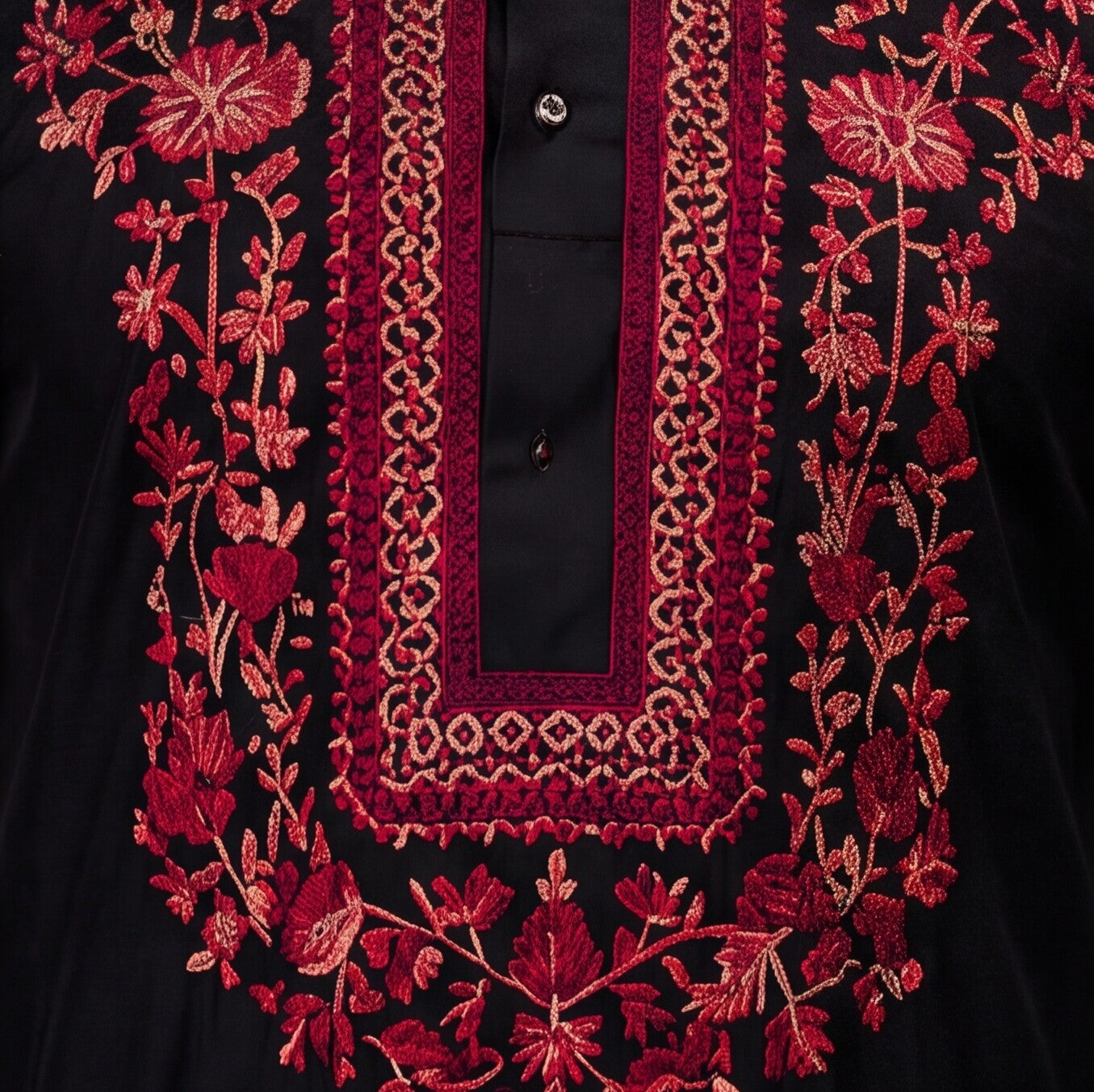 Midnight Black Crimson Floral Embroidered Men’s Kurta Set