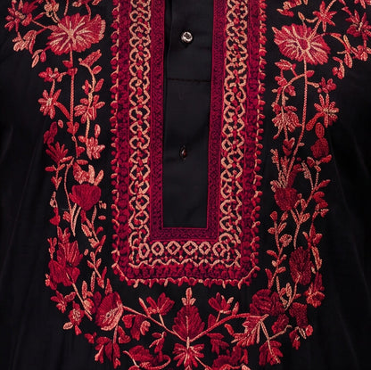 Midnight Black Crimson Floral Embroidered Men’s Kurta Set
