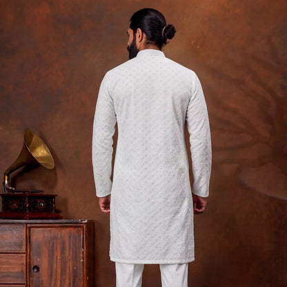 Pearl White Textured Men’s Kurta Set