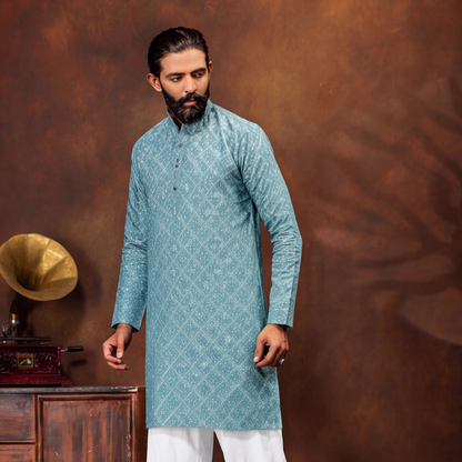 Aqua Blue Diamond Texture Men’s Kurta Set