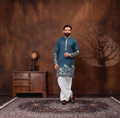 Teal Blue Lotus Embroidered Men’s Kurta Set