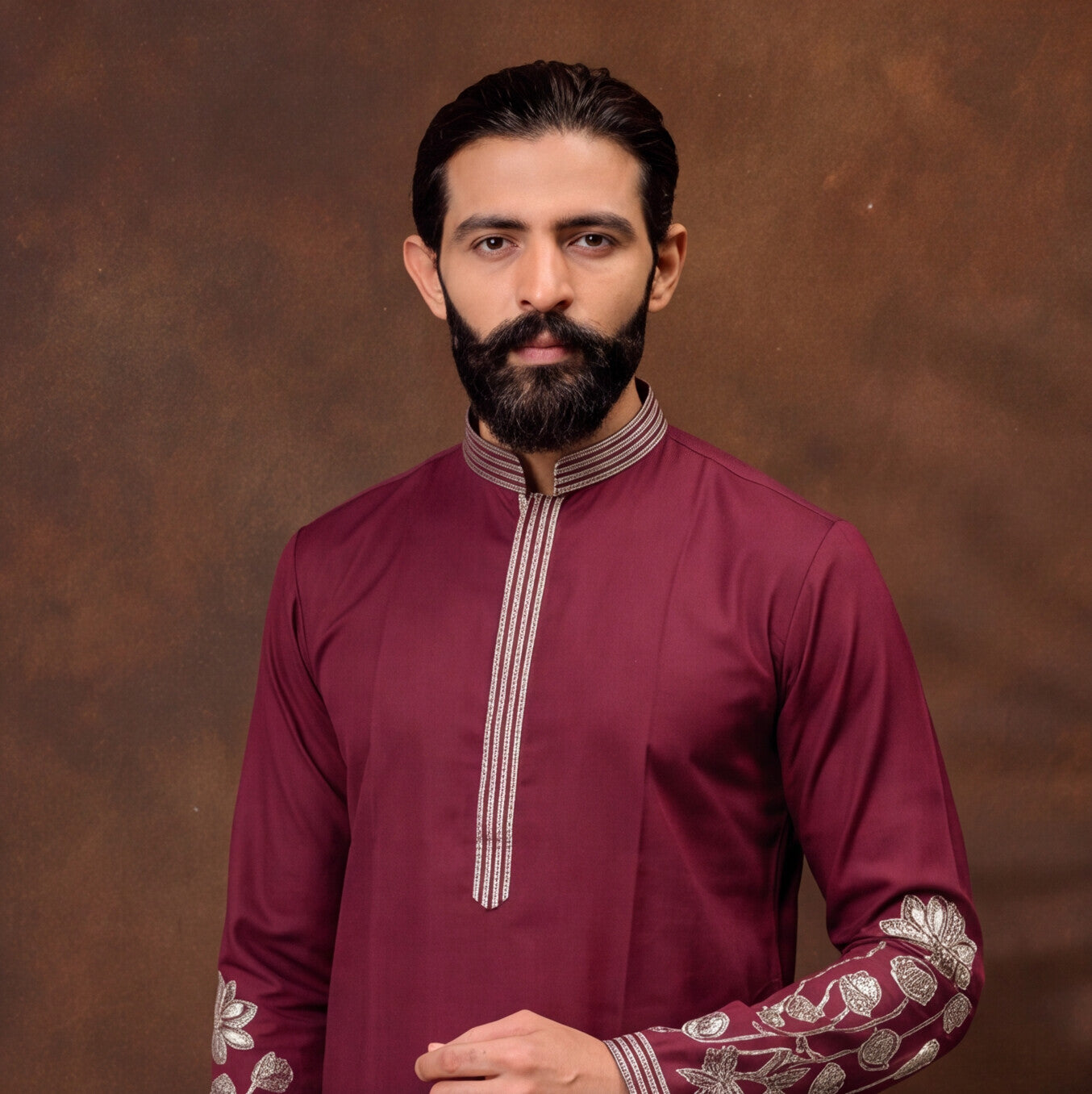 Burgundy Lotus Embroidered Men’s Kurta Set
