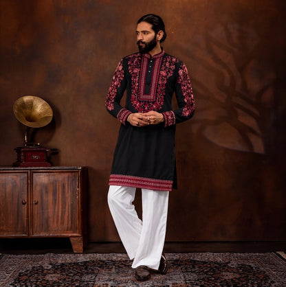 Midnight Black Crimson Floral Embroidered Men’s Kurta Set