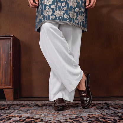 Teal Blue Lotus Embroidered Men’s Kurta Set