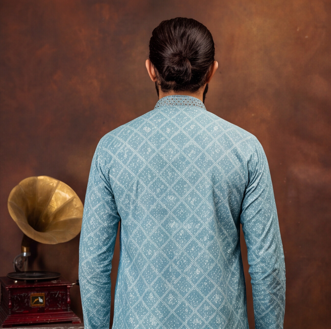 Aqua Blue Diamond Texture Men’s Kurta Set