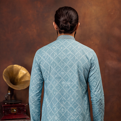 Aqua Blue Diamond Texture Men’s Kurta Set