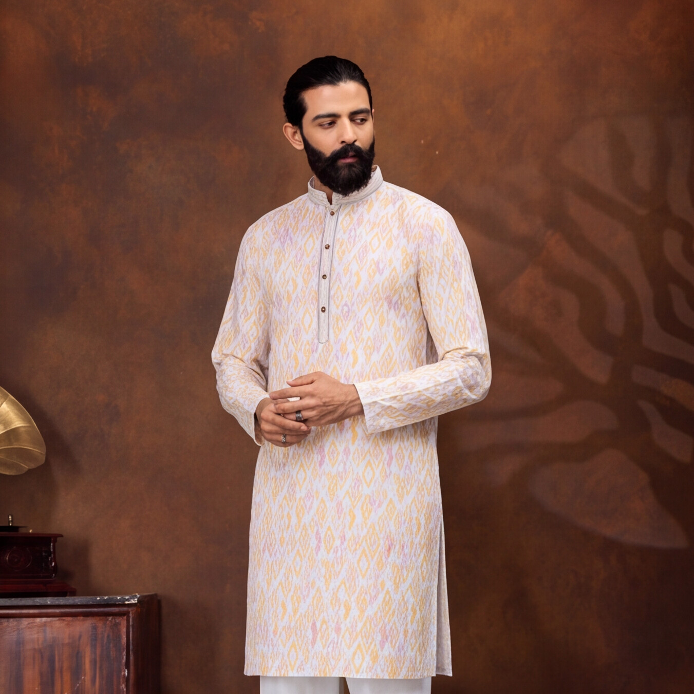 Ivory Saffron Ikat Men’s Kurta Set