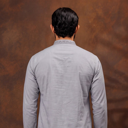 Silver Grey Mandala Embroidered Men’s Kurta Set
