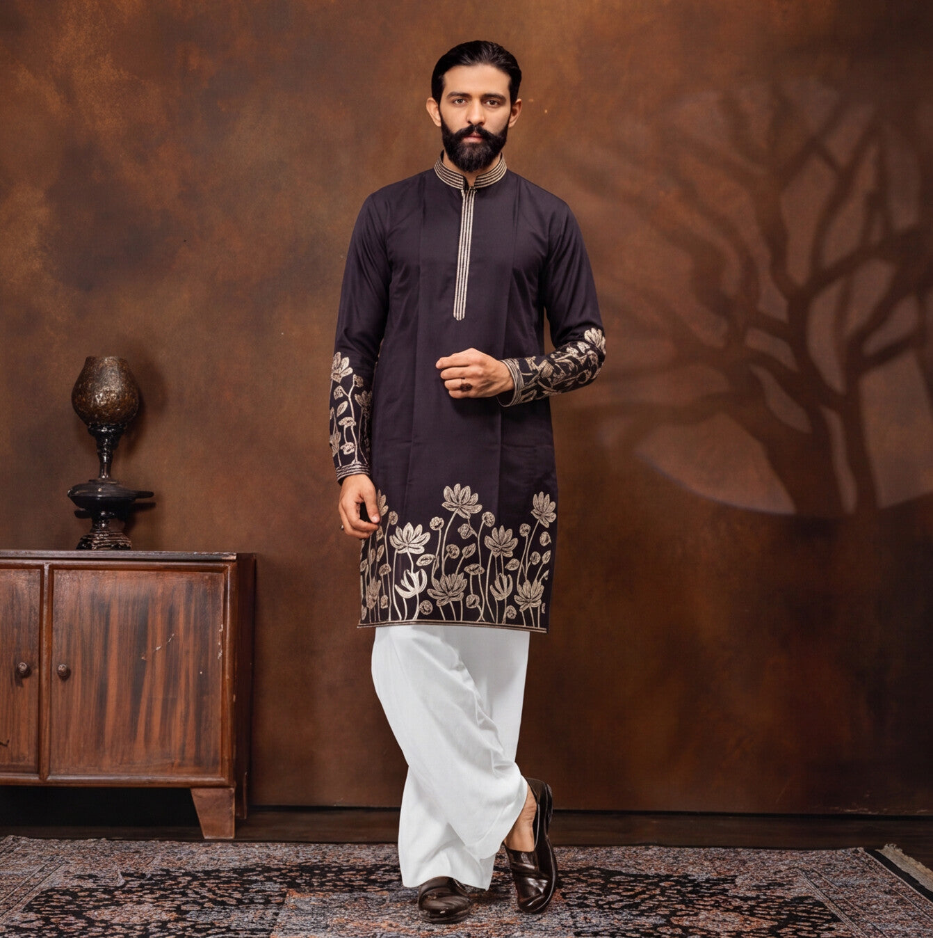 Midnight Black Lotus Embroidered Men’s Kurta Set